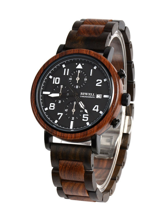 Bewell Poseidon Men's Watch 43mm Chronograph Battery with Brown Wooden Bracelet