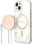 Guess MagSafe + Wireless Charger Apple iPhone Umschlag Rückseite Silikon Marble White (iPhone 14 Plus) GUBPP14MHMEACSH