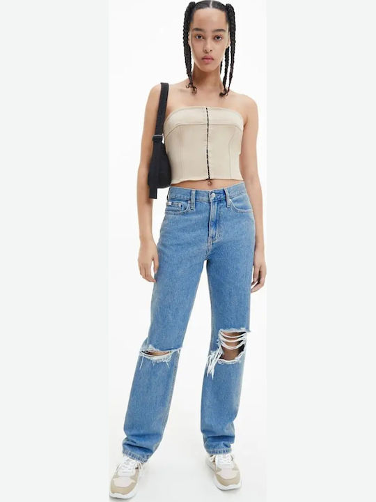 High Waist Women's Jean Trousers with Rips in Regular Fit Denim Light