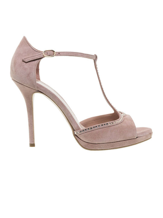 Mourtzi Suede Women's Sandals Pink with Thin High Heel