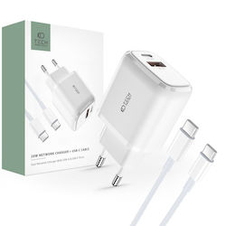 Tech-Protect mit USB-A Anschluss und USB-C Anschluss und Kabel USB-C 20W Stromlieferung / Schnellaufladung 3.0 Weiß (C20W)