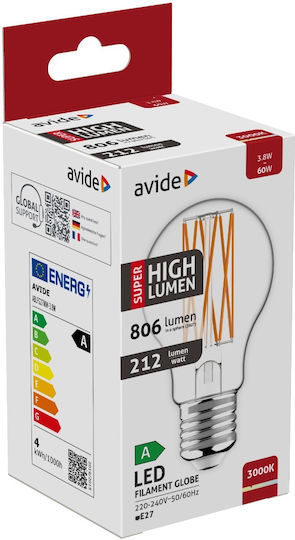 Avide ABLFG27WW-3.8W Λάμπα LED 3.8W 32.5εκ. για Ντουί E27 και Σχήμα A60 Θερμό Λευκό 806lm