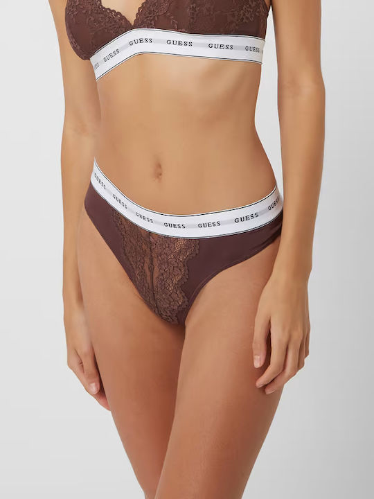 Guess Belle Γυναικείο String με Δαντέλα Καφέ