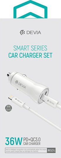 Devia Smart Auto-Ladegerät 36W Schnellladung mit Anschlüssen: 1xUSB 1xType-C mit Kabel Blitzschlag Weiß Farbe
