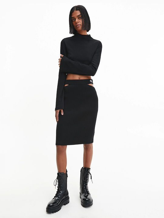 Denim Pencil High-waisted Midi Skirt Black