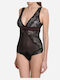 Miss Rosy Lingerie Sleeveless String Bodysuit with Mesh, Lace & Open Back Black