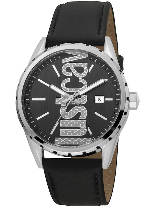 Just Cavalli Мъжки часовник 44mm на батерия с Черна кожена каишка