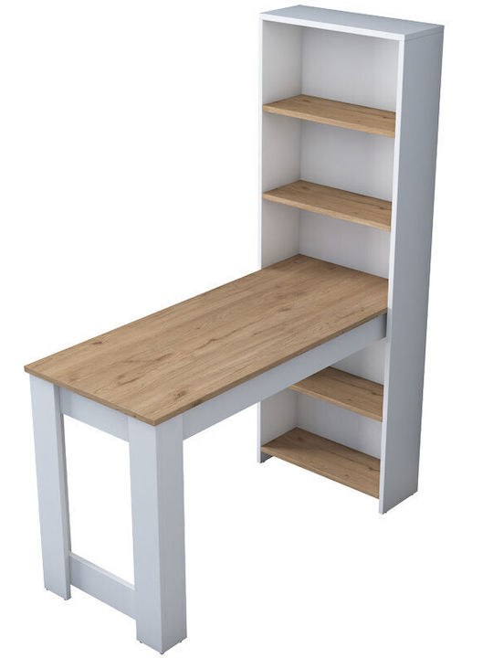 Wooden Pawl Home Office Desk with Bookshelf White / Natural L120xW53.8xH153.5cm