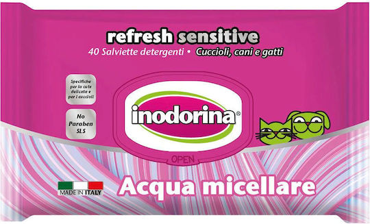 Inodorina Refresh Sensitive 40 Dog and Cat Wipes for Body Cleansing with Chamomile Alcohol Free