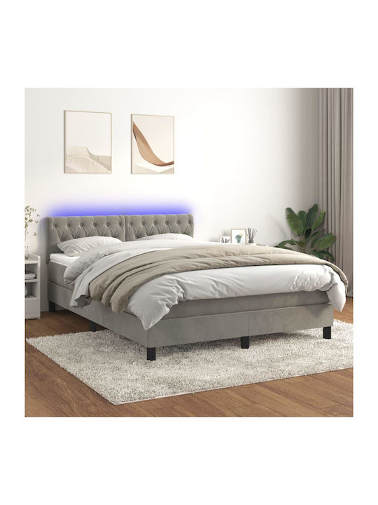 Κρεβάτι Διπλό Επενδυμένο με Ύφασμα Ανοιχτό Γκρι με Στρώμα & Τάβλες για Στρώμα 140x200cm