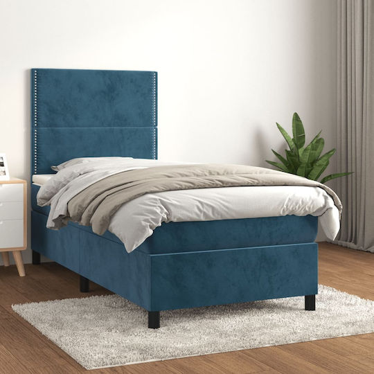 Ein Einzelbett Mit Samt Dunkelblau Mit Lattenrost Und Matratze 90x190cm