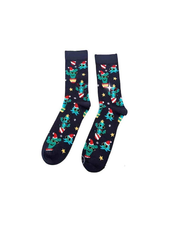 Men Christmas Socks L37 Ανδρικές Βαμβακερές Μακριές Χριστουγενιάτικες Κάλτσες με σχέδιο σε σκούρο Μπλέ χρώμα