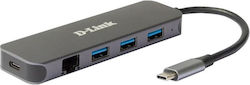 D-Link USB 3.0 4 Port Hub with USB-C / Ethernet Connection & Charging Port Gray