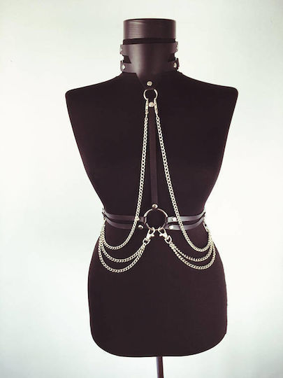 Leather & Latex Outfit Women's Leather Top with Necklace & Chains Black