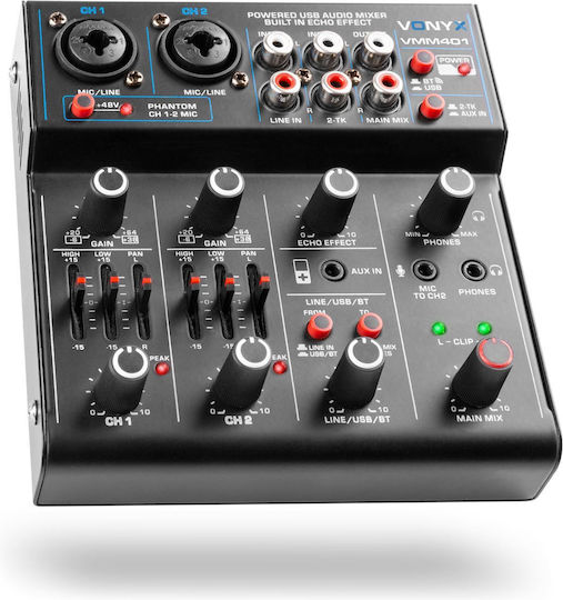 Vonyx VMM401 Analoger Mischpult 4.0 Kanäle mit Phantom Power & 2 XLR-Eingänge & Bluetooth