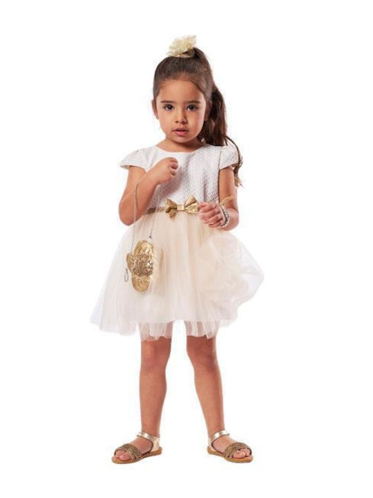 Children's Dress Short Sleeve Tulle Set with Accessories Ecru
