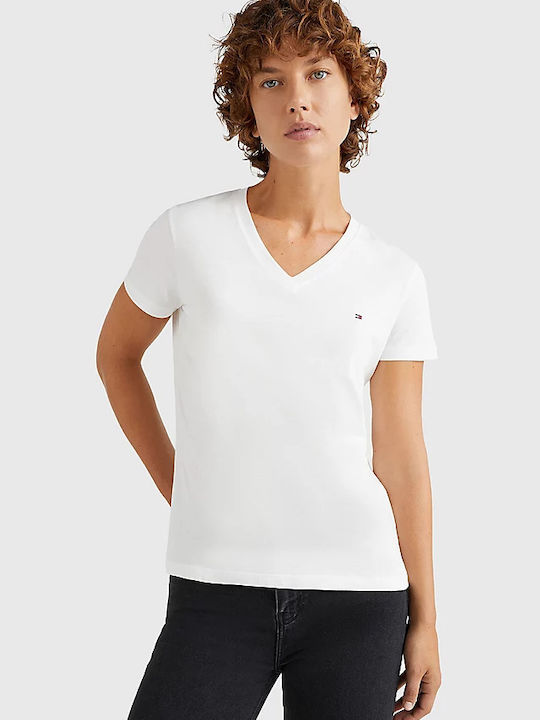 Tommy Hilfiger Damen T-shirt mit V-Ausschnitt Weiß