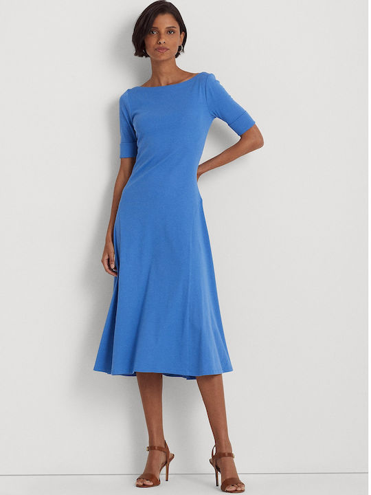 Ralph Lauren Business Short Sleeve Cotton Midi Dress with Boatneck Blue , Regular Fit