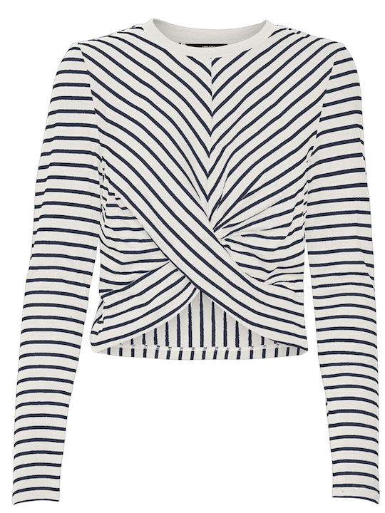 Vero Moda Women's Summer Crop Top Long Sleeve Striped Navy Blue