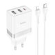 Hoco Charger with 2 USB-A Ports and USB-C Port and Cable USB-C - Lightning 30W Power Delivery / Quick Charge 3.0 Whites (N21 Pro)