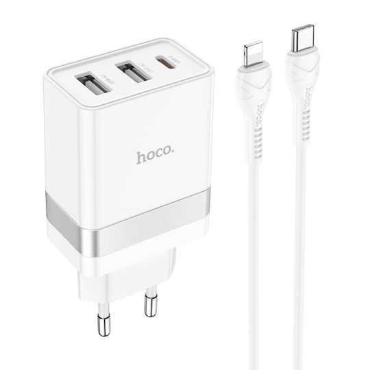 Hoco Charger with 2 USB-A Ports and USB-C Port and Cable USB-C - Lightning 30W Power Delivery / Quick Charge 3.0 Whites (N21 Pro)
