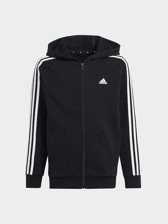 Adidas Αθλητική Παιδική Ζακέτα Φούτερ Fleece με Κουκούλα Μαύρη Essentials 3-Stripes