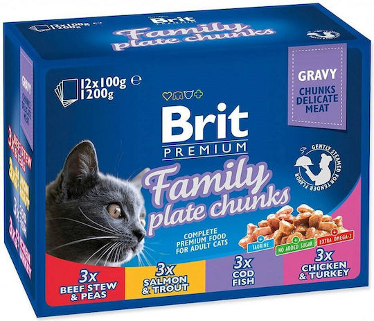 Brit Family Plate Wet Food for Cats in Pouch with Beef Turkey Chicken Salmon and Sea Bream Gluten Free 12x100gr