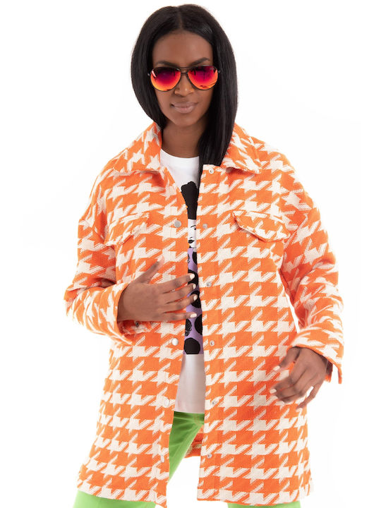 Only Women's Curly Checked Midi Overshirt with Buttons Orange