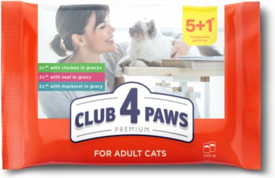Club 4 Paws Premium Hrană Umedă pentru Pisici Adulte în Pliculeț cu Pui, Vițel și Pește 6x80gr
