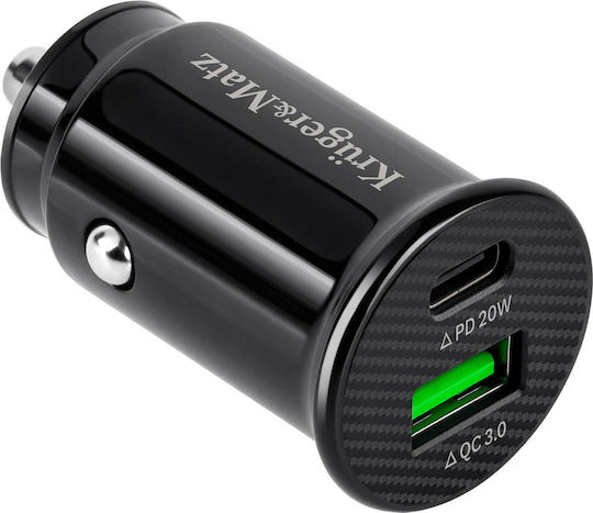 Kruger & Matz Încărcător Auto Cu Mufă De Brichetă 20W Încărcare Rapidă Cu Porturi 1xUSB-A 1xType-C Culoare Neagră
