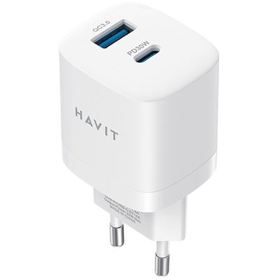 Havit Încărcător Fără Cablu cu Port USB-A și Port USB-C 30W Livrarea energiei / Încărcare rapidă 3.0 Albς (UC30)