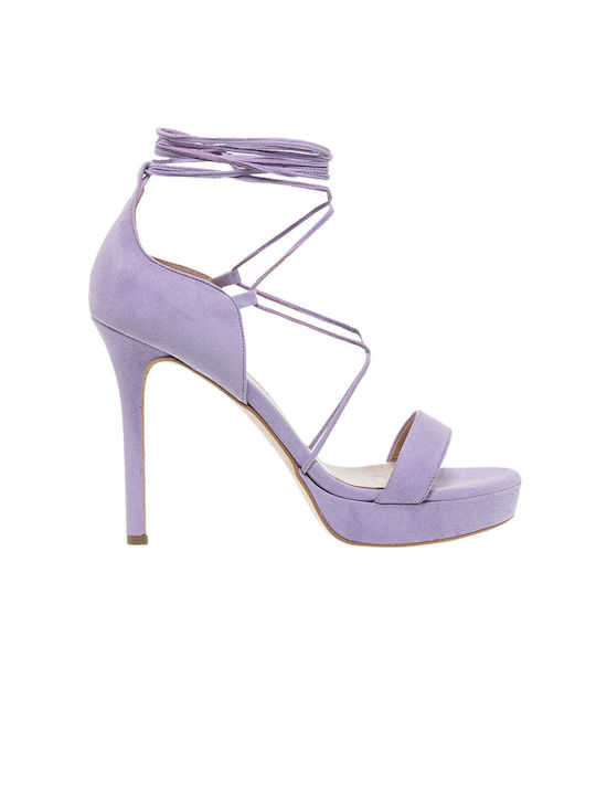 Mourtzi Platform Suede Women's Sandals with Laces Lilac with Chunky High Heel