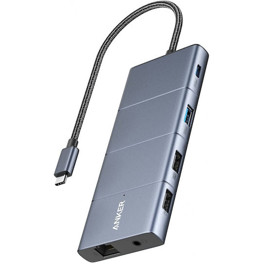 Anker 565 DisplayPort 1.4 / USB-A / USB-C Докинг станция с HDMI 4K PD Етърнет и свързване 2 монитора Сив