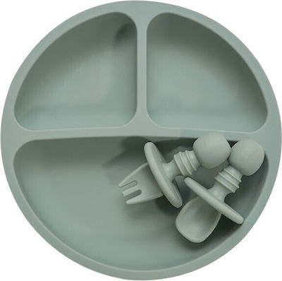 Feeding Set made of Silicone with Non-Slip Base Green 3pcs