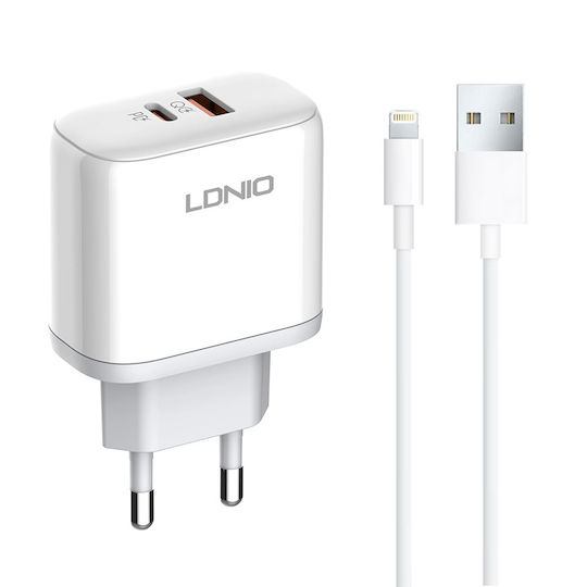 Ldnio Φορτιστής με Θύρα USB-A και Θύρα USB-C και Καλώδιο Lightning 45W Power Delivery Λευκός (A2526C)