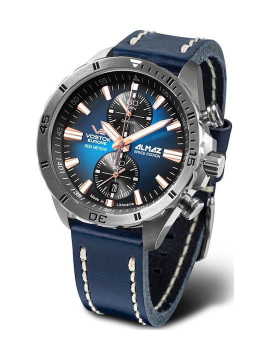 Vostok Europe Ανδρικό Ρολόι 47mm Χρονογράφος Μπαταρίας με Μπλε Δερμάτινο Λουράκι