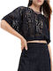 Lucca Women's Crop Top Short Sleeve Floral Black