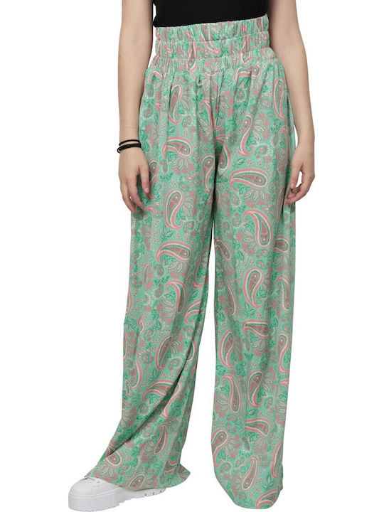 FBL007-11302 Women's High-waisted Fabric Trousers with Elastic in Wide Line Green Fig