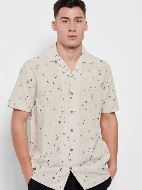 Funky Buddha Men's Shirt Short Sleeve Cotton Floral Beige