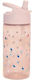 Petit Monkey Dino & Footprints Kids Water Bottle Dinosaur Plastic with Straw Pink 380ml