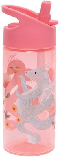 Petit Monkey Dragon Peony Kids Water Bottle Dragon Plastic with Straw Pink 380ml