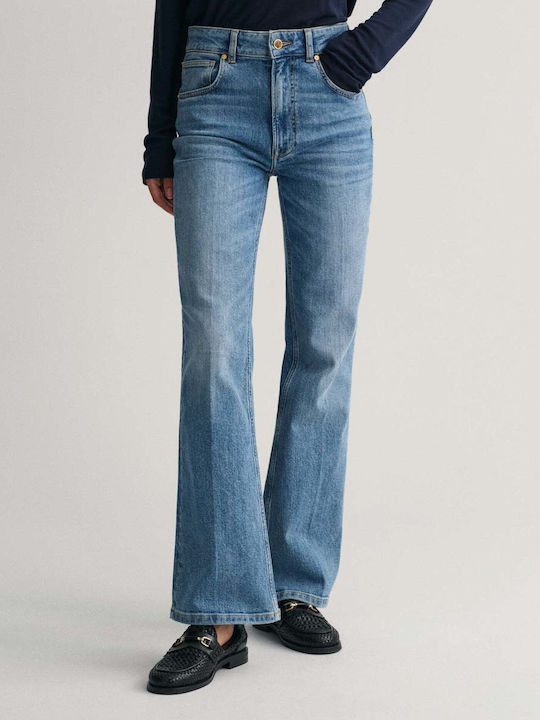 High Waist Women's Jean Trousers Flared Semi Light Indigo Worn In