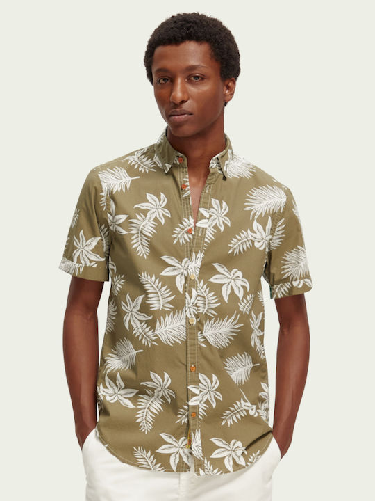 Short-sleeved Cotton Shirt Khaki Leaf