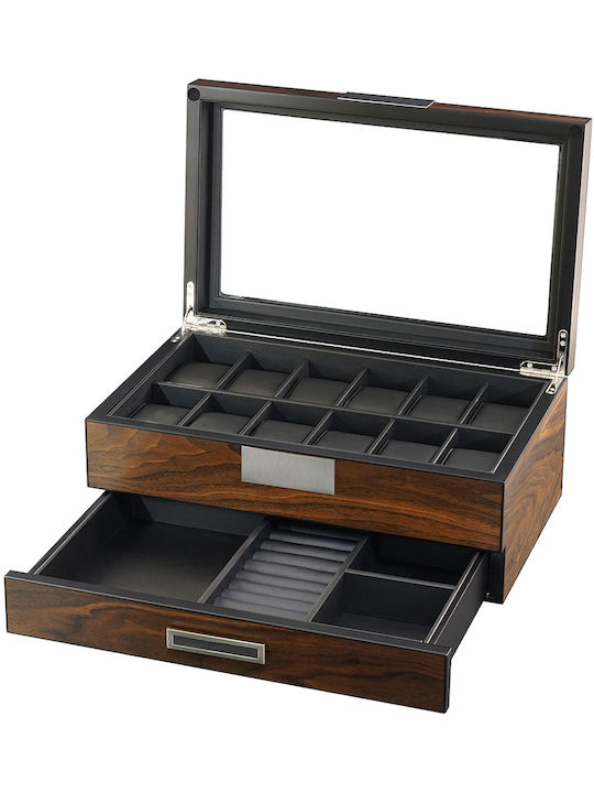 Rothenschild Wooden Case with transparent lid for 12 watches with drawer in Brown color RS-2382-W