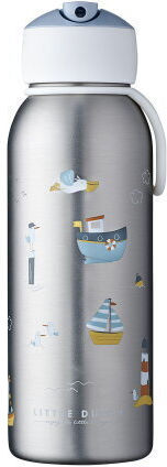 Little Dutch Flip-Up Campus Sailors Bay Kids Water Bottle Thermos Butterfly Stainless Steel with Pop-Up Cap Silver 350ml