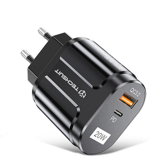 Techsuit Charger Without Cable with USB-A Port and USB-C Port 20W Quick Charge 3.0 Blacks (CHPD038)