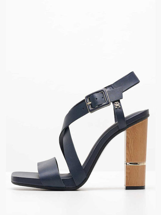 Tommy Hilfiger Leather Women's Sandals Navy Blue with Chunky High Heel