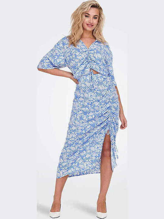 Hoch tailliert Midi Rock Umschlag Blumen Blau