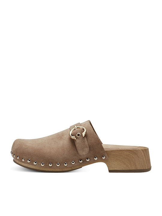 Suede Mules with Chunky Low Heel Camel Suede