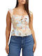 Guess Damen Sommer Bluse Leinen Ärmellos Blumen Hellblau